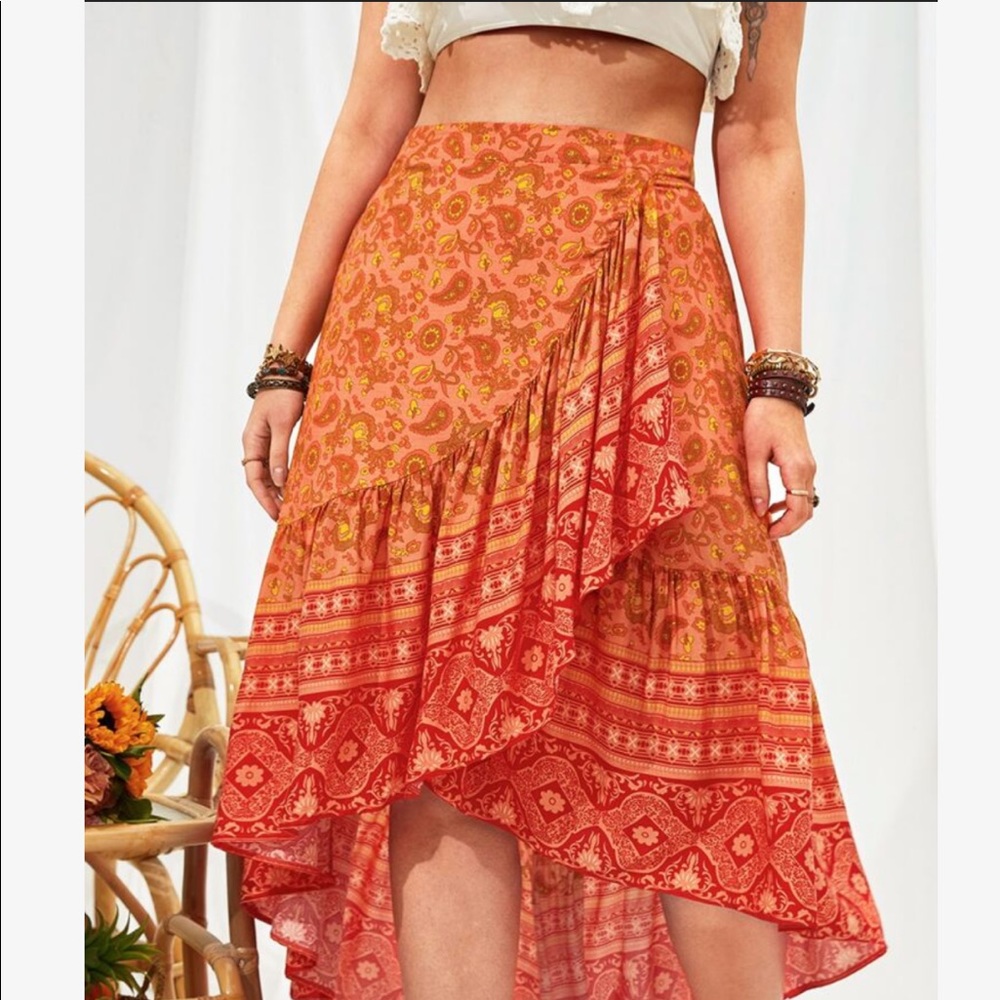 Boho Plus Size Orange Ruffle Hem Maxi Skirt - Picture 6 of 12